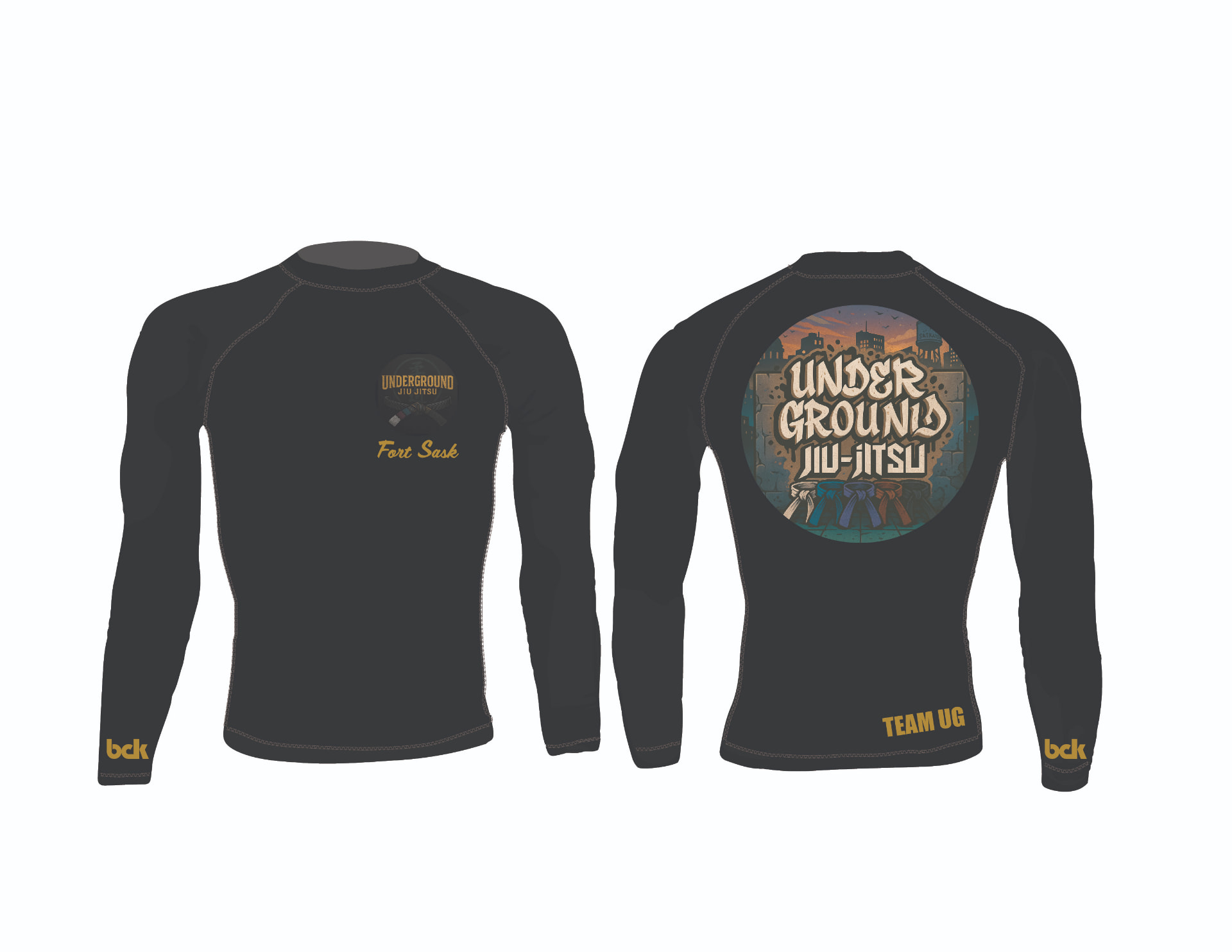 Black long sleeve Underground rash guard mock-up with city skyline back print