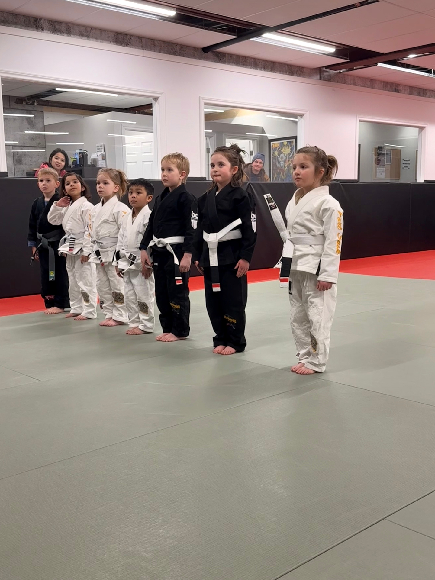 Kids martial arts class lined up in Gi at Underground Jiu-Jitsu in Fort Saskatchewan